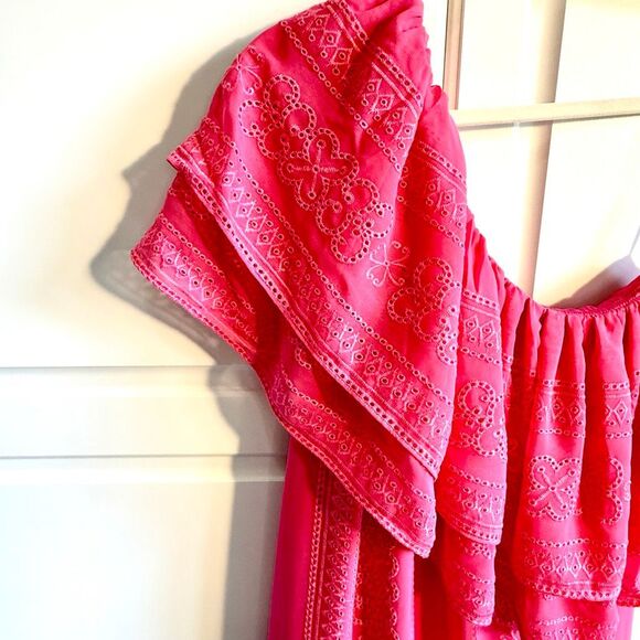 NWT Trina Turk Phebe embroidered one shoulder pink ruffle dress size M - Picture 7 of 12